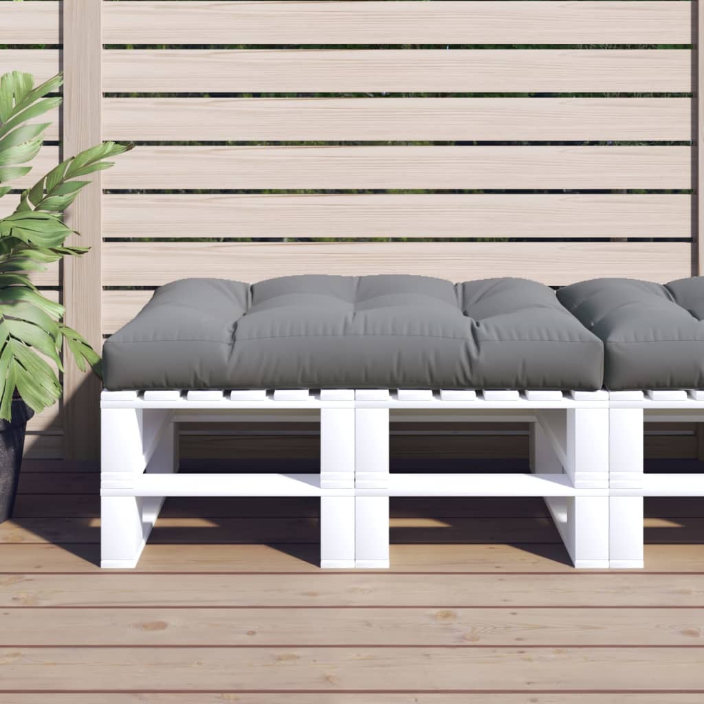 Gray polyester pallet cushion, 47.2x31.5x4.7 inches, on white pallet base outdoors.