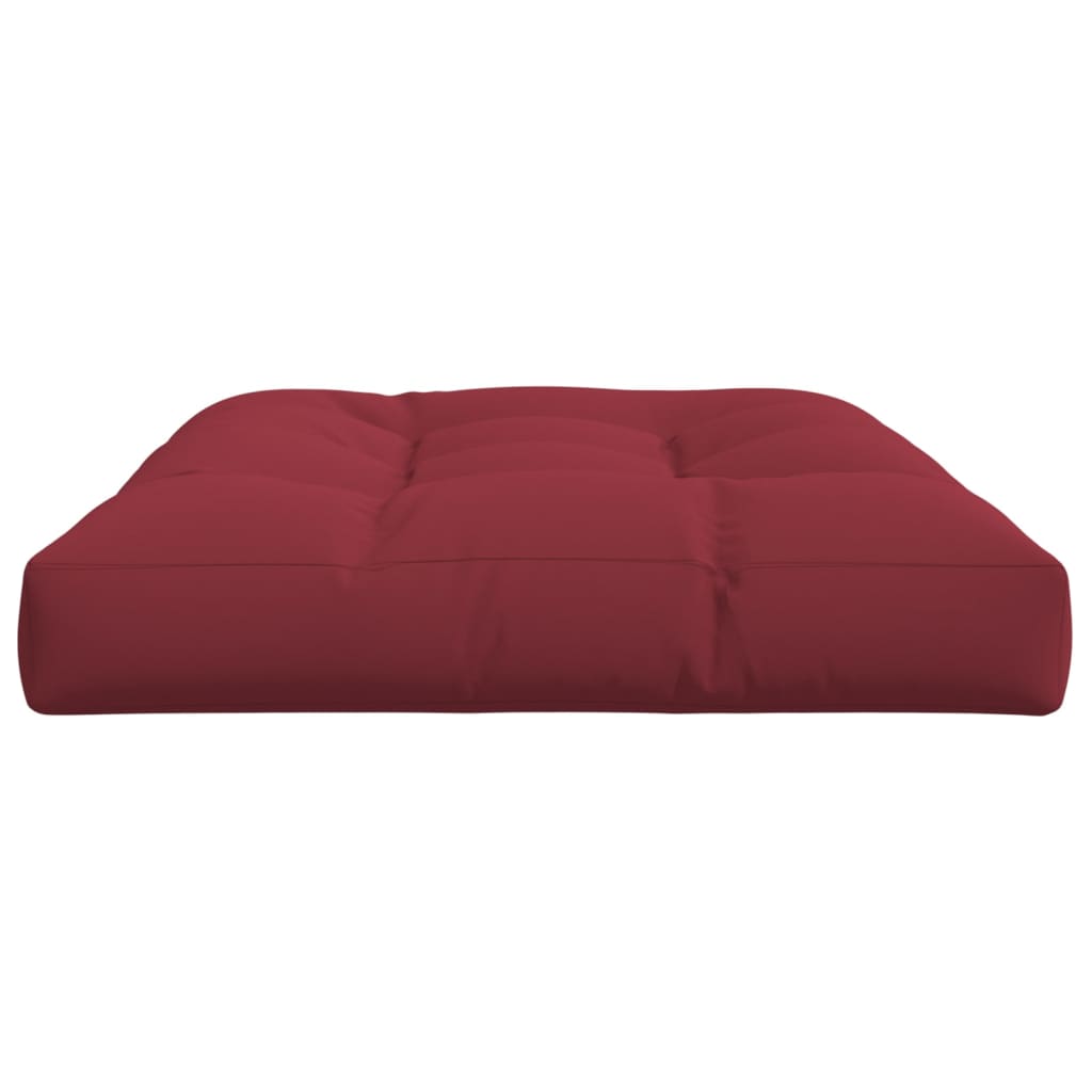 Wine red polyester pallet cushion, 47.2 x 31.5 x 4.7 inches, with tufted surface.