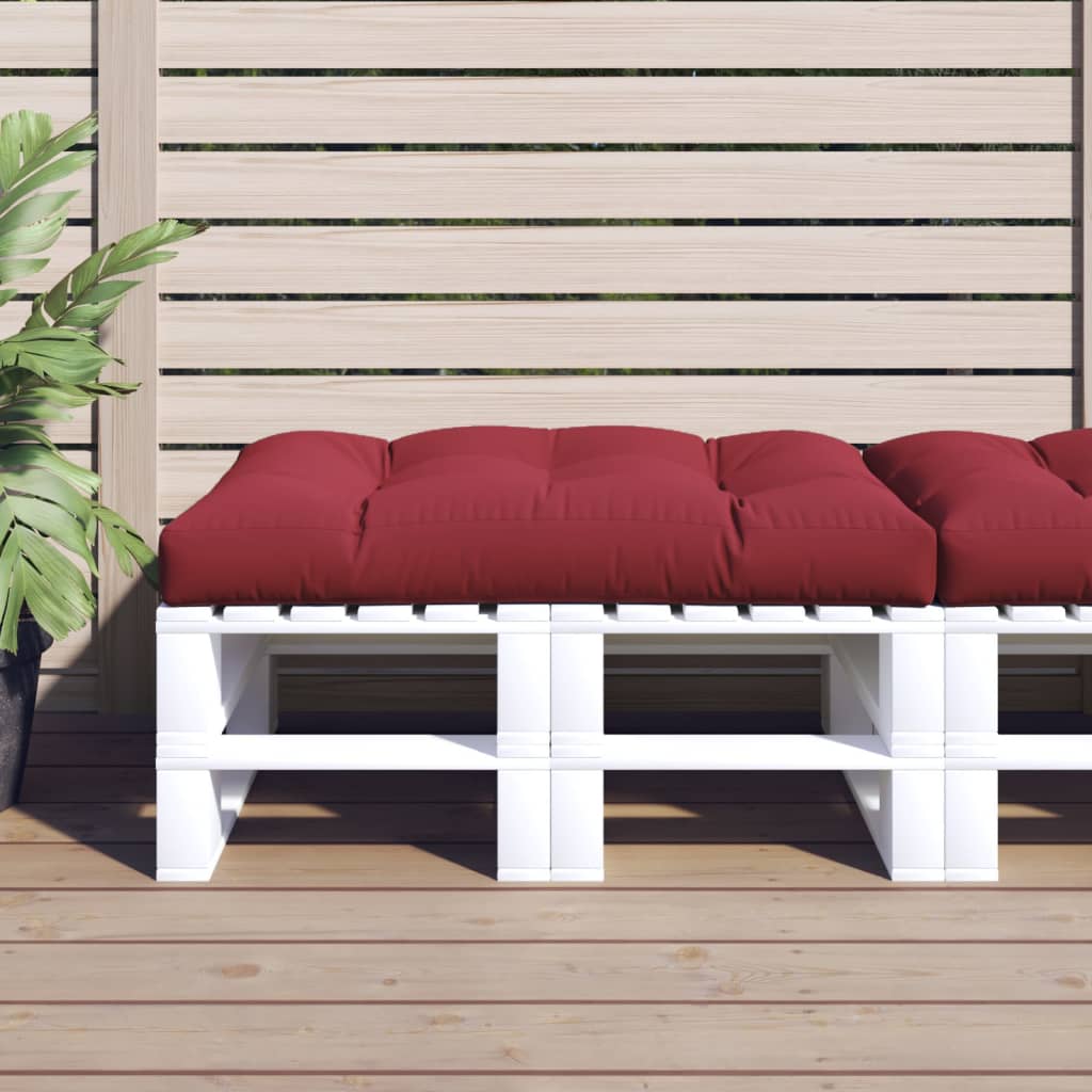 Wine red polyester pallet cushion, 47.2x31.5x4.7 inches, on white pallet with cushions.