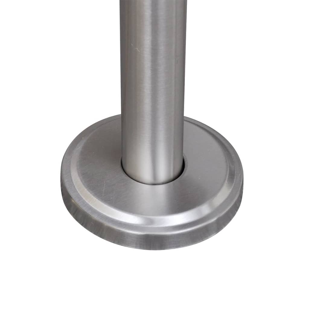 Close-up of the stainless steel base and post of a double mailbox stand.
