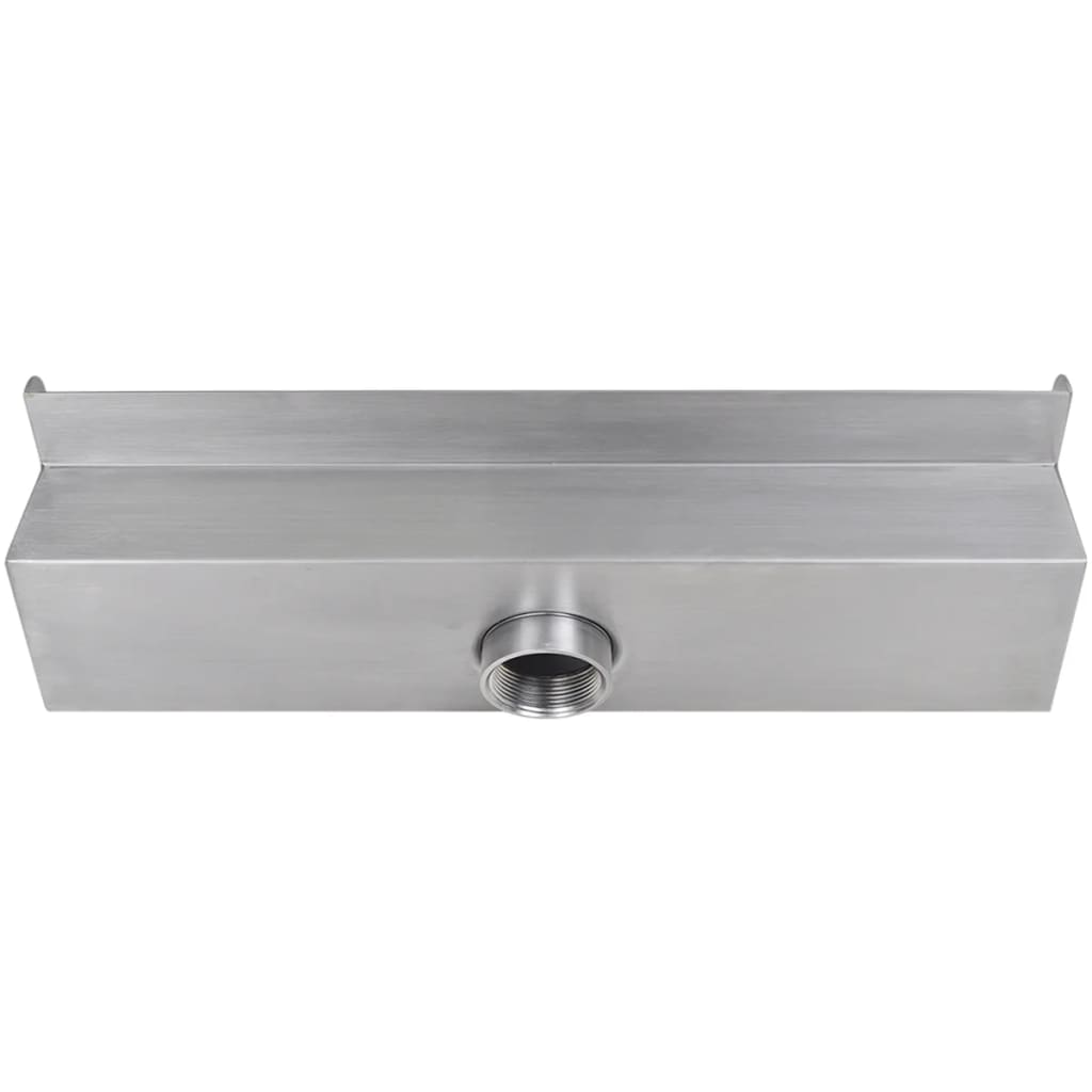 Rectangular stainless steel waterfall pool fountain, 17.7 inches wide with central outlet.