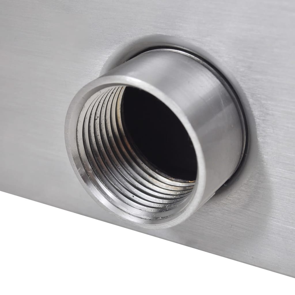 Close-up of stainless steel threaded outlet on Bostome rectangular pool fountain.