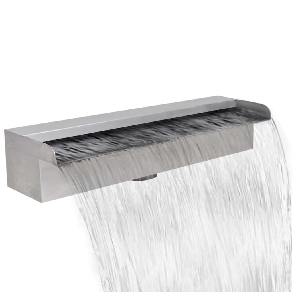 A rectangular stainless steel pool waterfall fountain, 17.7 inches wide, with cascading water flow.