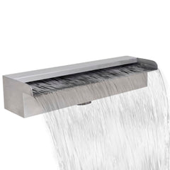 A rectangular stainless steel pool waterfall fountain, 17.7 inches wide, with cascading water flow.