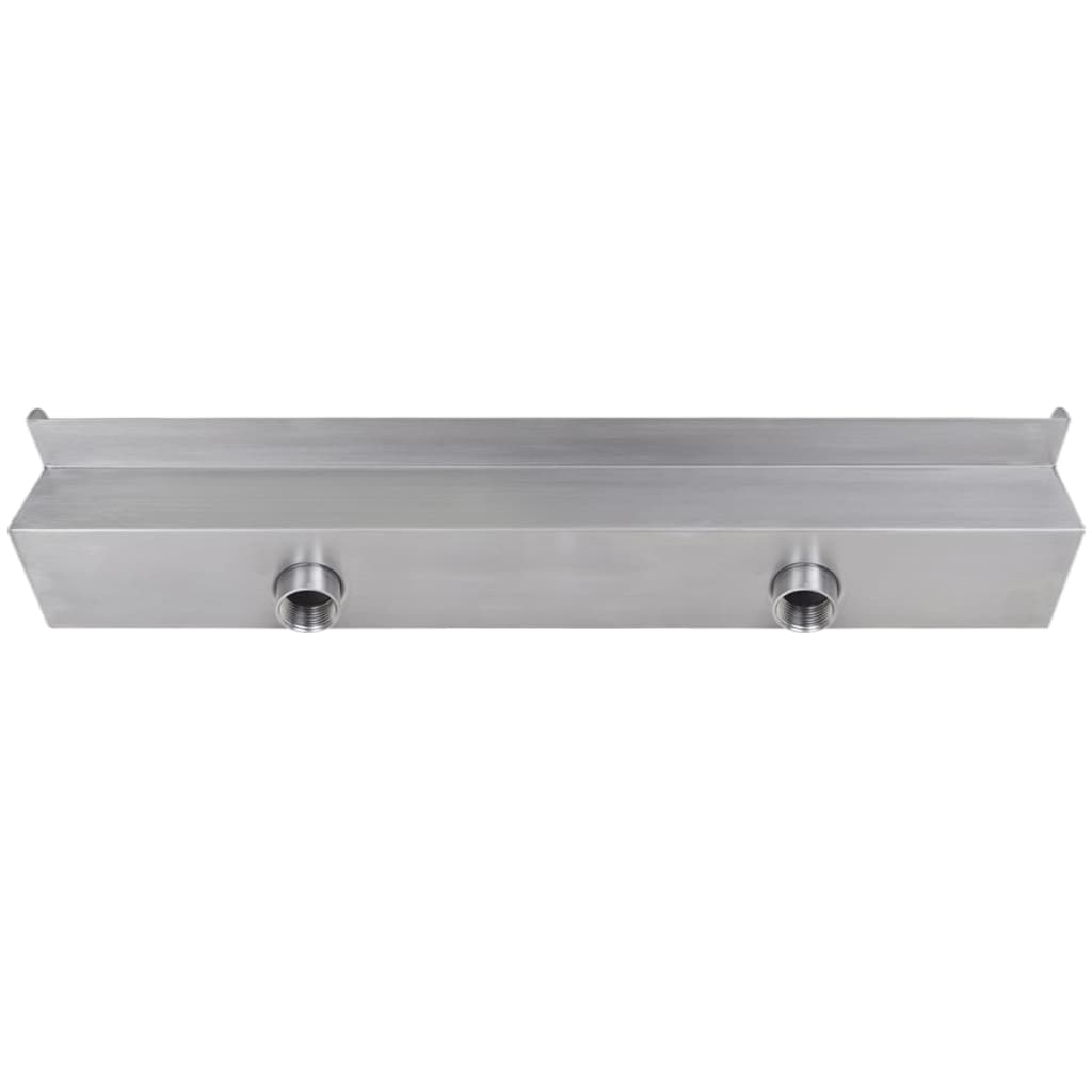 Stainless steel rectangular waterfall pool fountain, 23.6 inches long with twin inlets.
