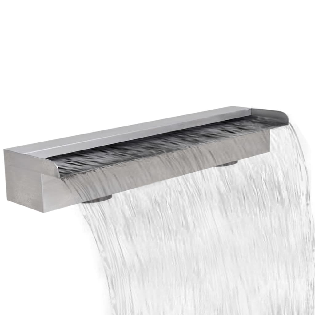 Stainless steel rectangular waterfall pool fountain, 23.6 inches wide, with cascading water.