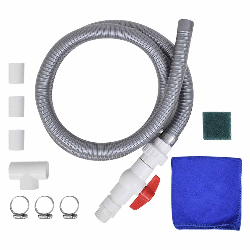 Stainless steel garden waterfall fountain kit with PVC pipes, valve, clamps, and cleaning cloth.