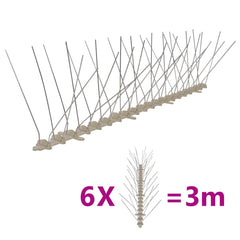 Set of 6 gray 4-row plastic bird spikes, each covering 0.5m for 3m total length.