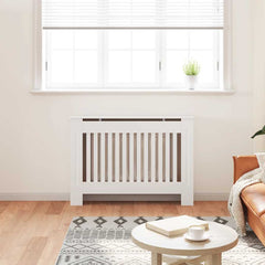 White MDF radiator cover cabinet, 44.1 inches wide, with slatted design in a living room.