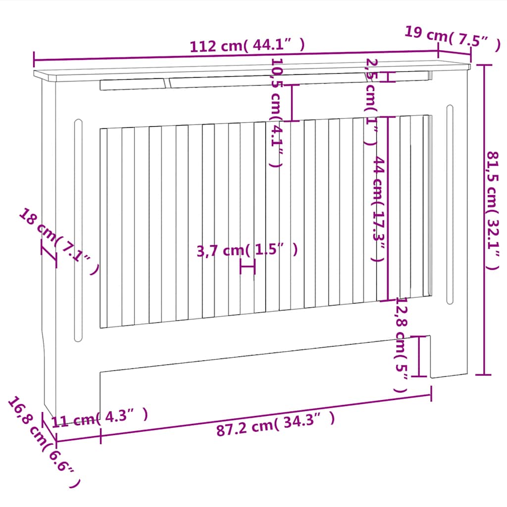 White MDF radiator cover cabinet, 44.1 inches wide, with slatted design and dimensions shown.