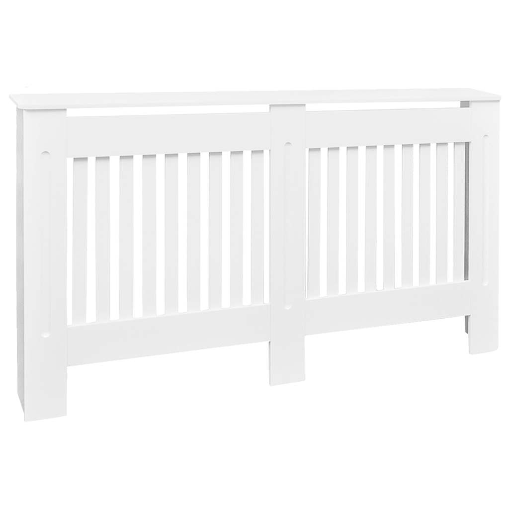 White MDF radiator cover cabinet with a modern slatted design and spacious top shelf.