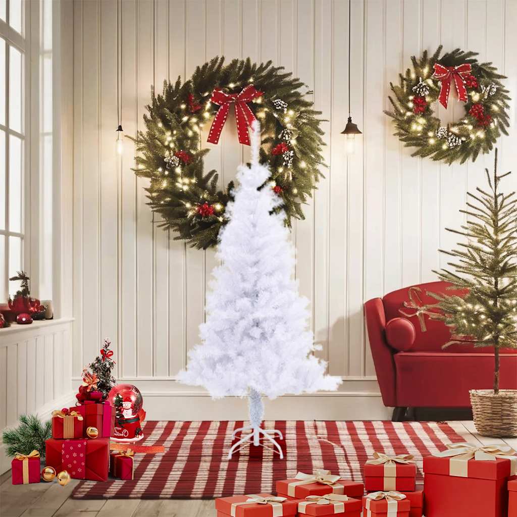 A 5-foot white artificial Christmas tree with 380 branches and a metal stand in a festive living room.