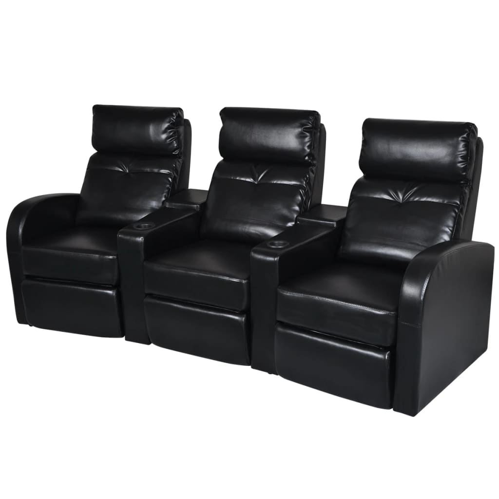 Recliner Sofa Black Faux Leather 3-seater Adjustable Footrests