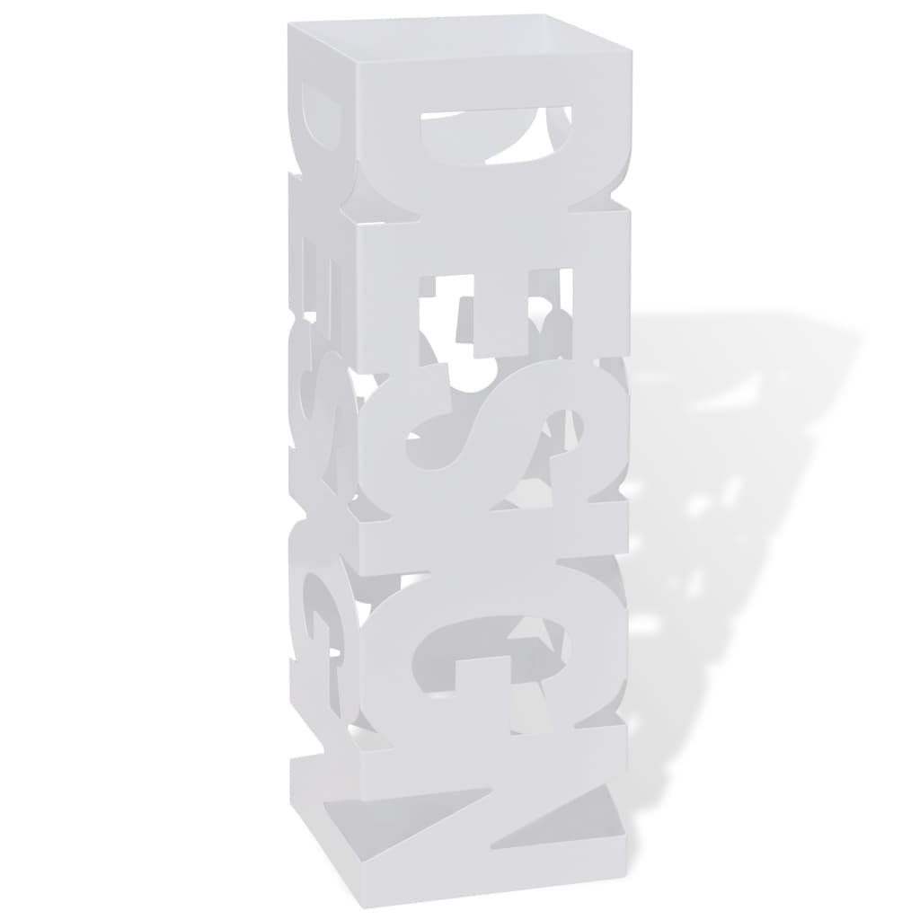White square steel umbrella stand, 19.1 inches tall, with open design.
