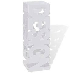 White square steel umbrella stand, 19.1 inches tall, with open design.