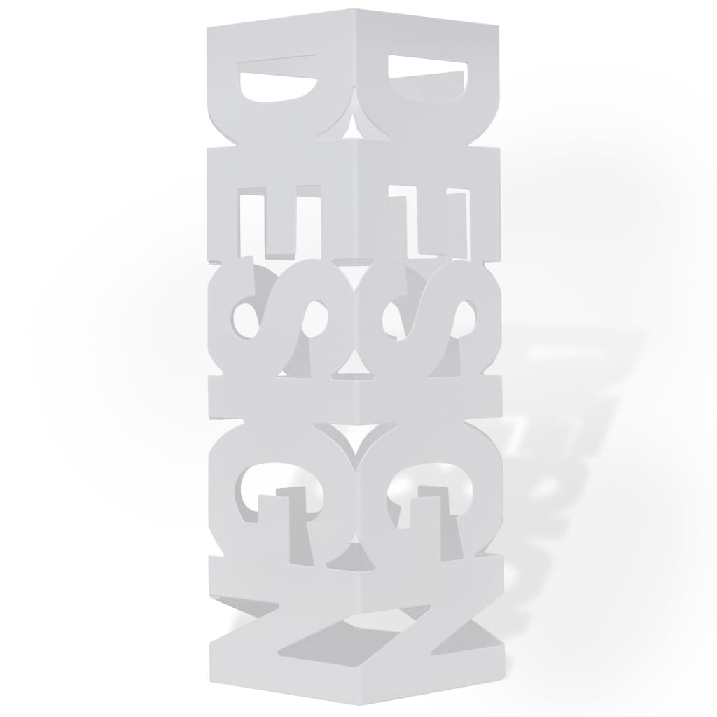 White square steel umbrella stand, 19.1 inches tall, with drip tray.