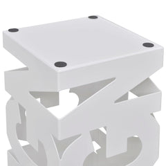 White square steel umbrella stand, 19.1 inches tall, with open geometric design.