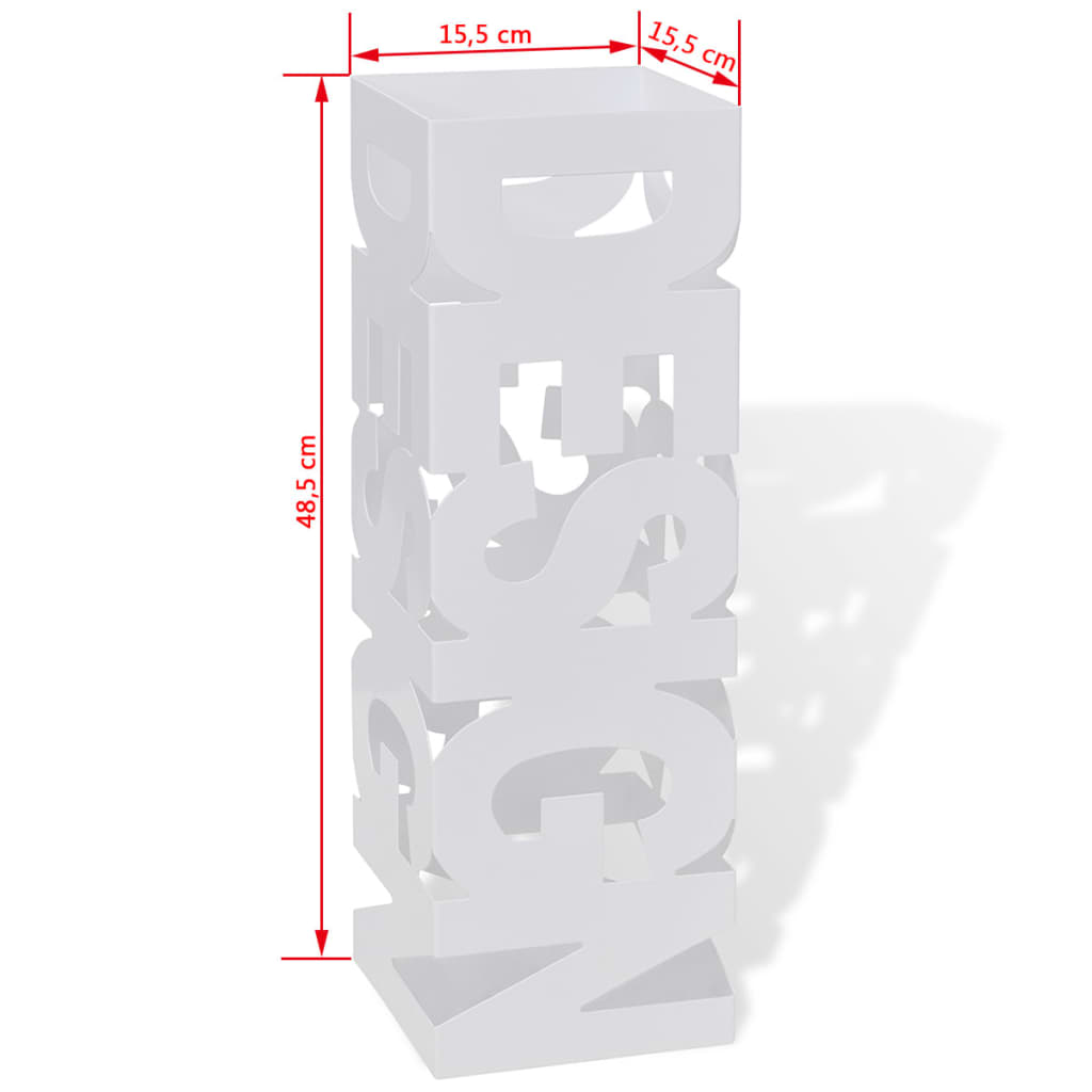 White square steel umbrella stand, 19.1 inches tall with dimensions marked.