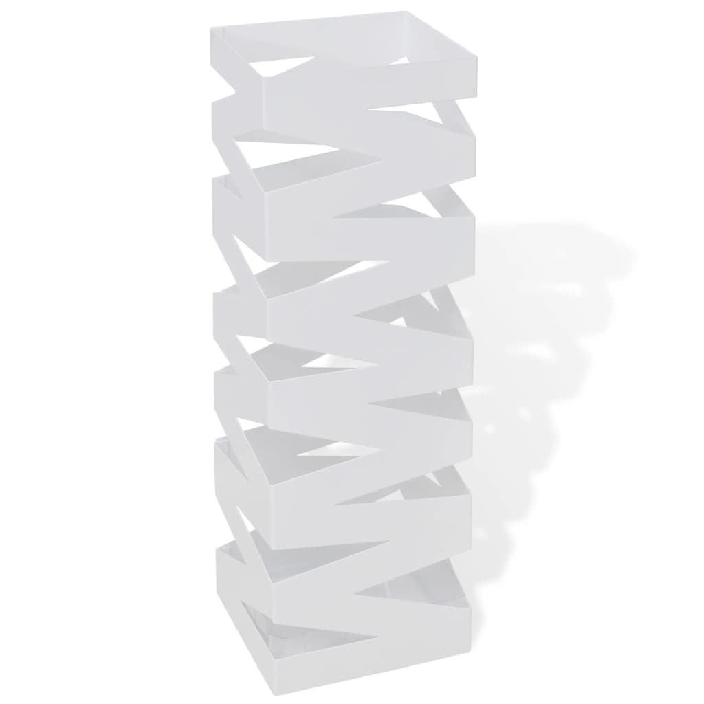 White square steel umbrella stand, 19.1 inches tall, with drip tray.