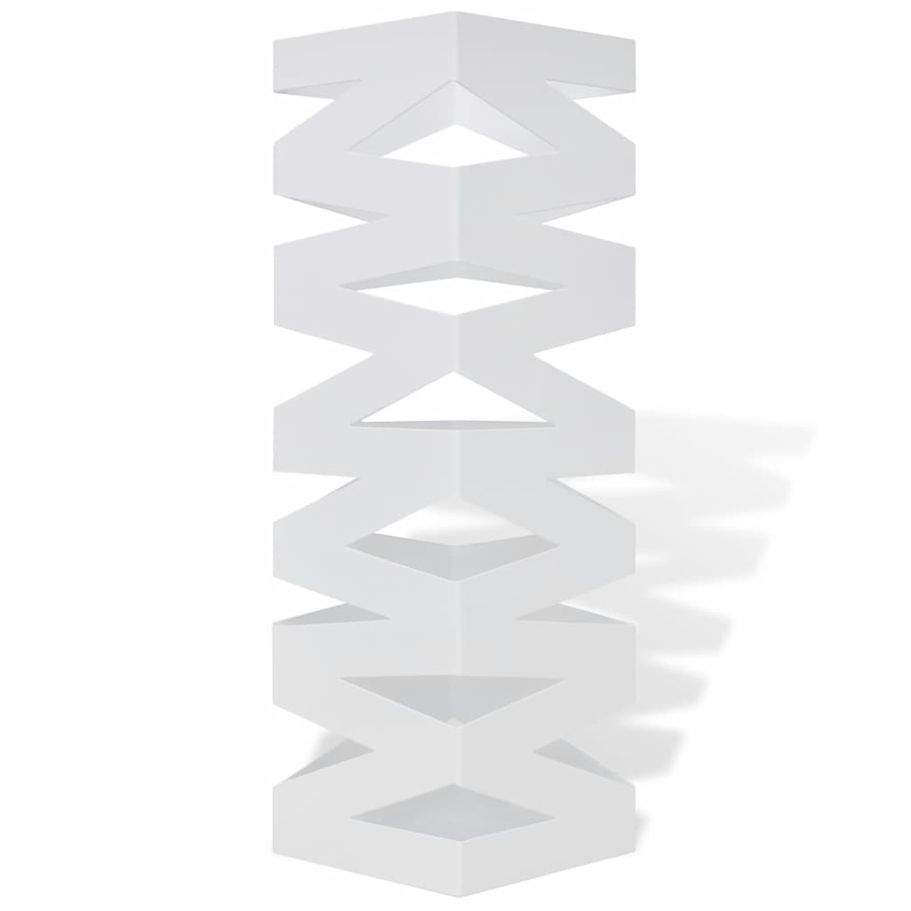 White square steel umbrella stand, 19.1 inches tall, with drip tray.