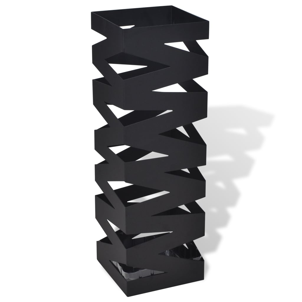 Black square steel umbrella stand, 19.1 inches tall with zigzag design.