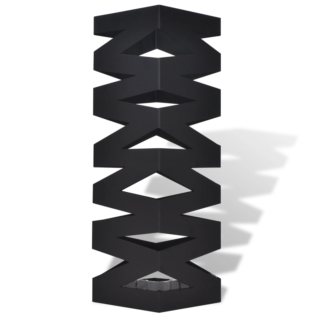 Black square steel umbrella stand, 19.1 inches tall, with zigzag design.