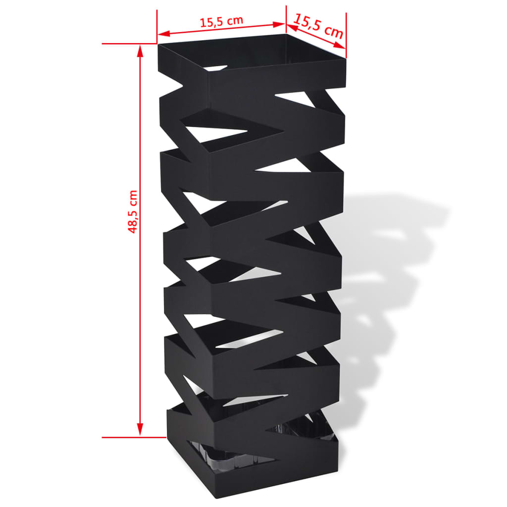 Black square steel umbrella stand, 19.1 inches tall with 15.5 cm width dimensions shown.