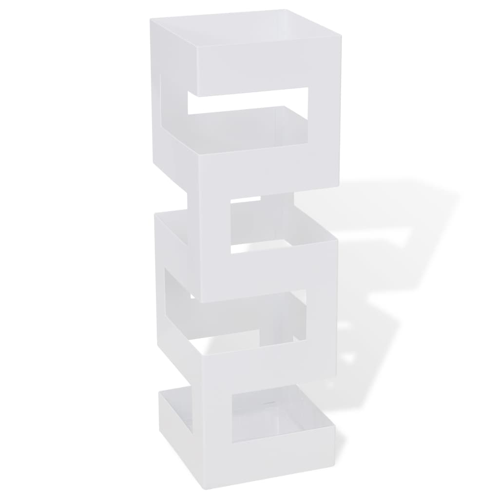 White square steel umbrella stand, 19.1 inches tall, with drip tray.