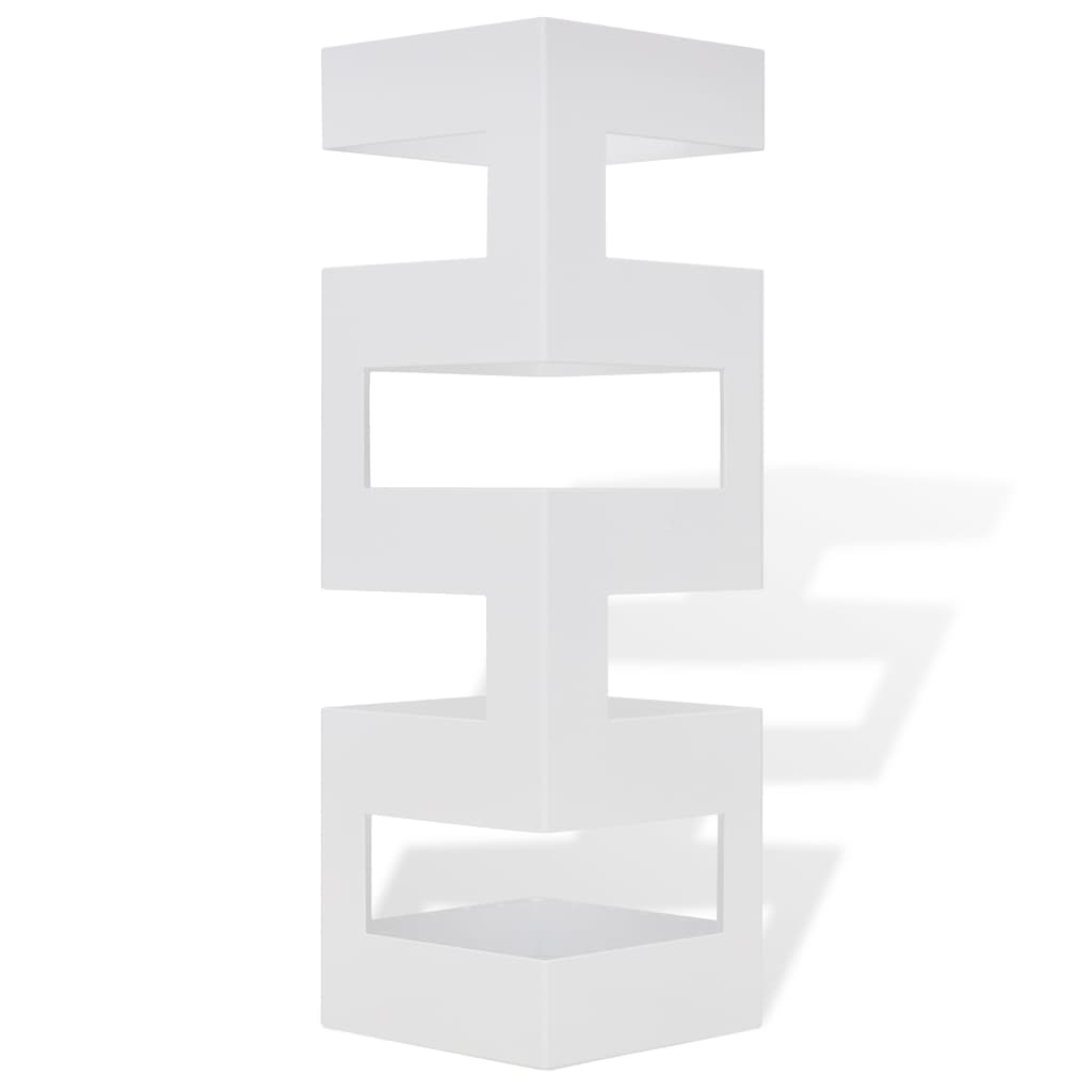 White square steel umbrella stand, 19.1 inches tall, with open frame and drip tray.