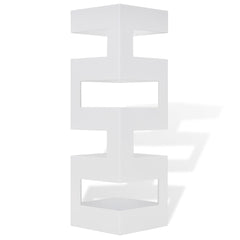 White square steel umbrella stand, 19.1 inches tall, with open frame and drip tray.