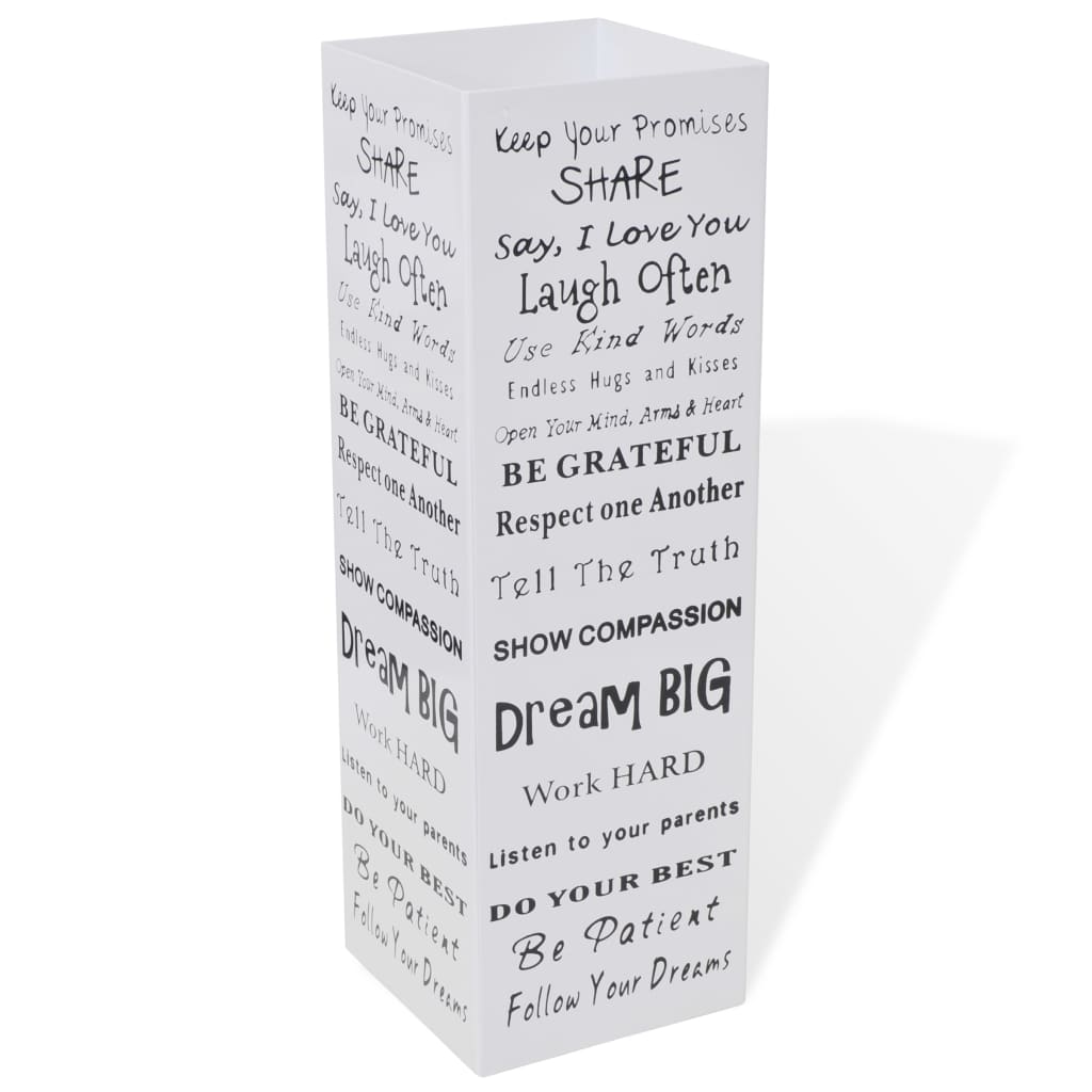 White square steel umbrella stand, 19.1 inches tall, with motivational text on sides.