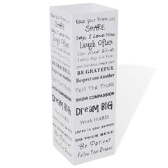 White square steel umbrella stand, 19.1 inches tall, with motivational text on sides.