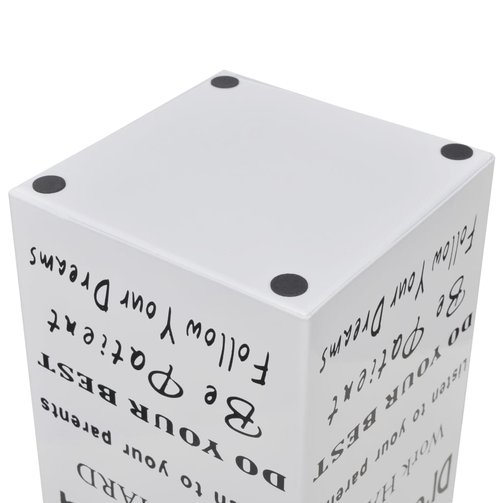 White square steel umbrella stand, 19.1 inches tall with drip tray.