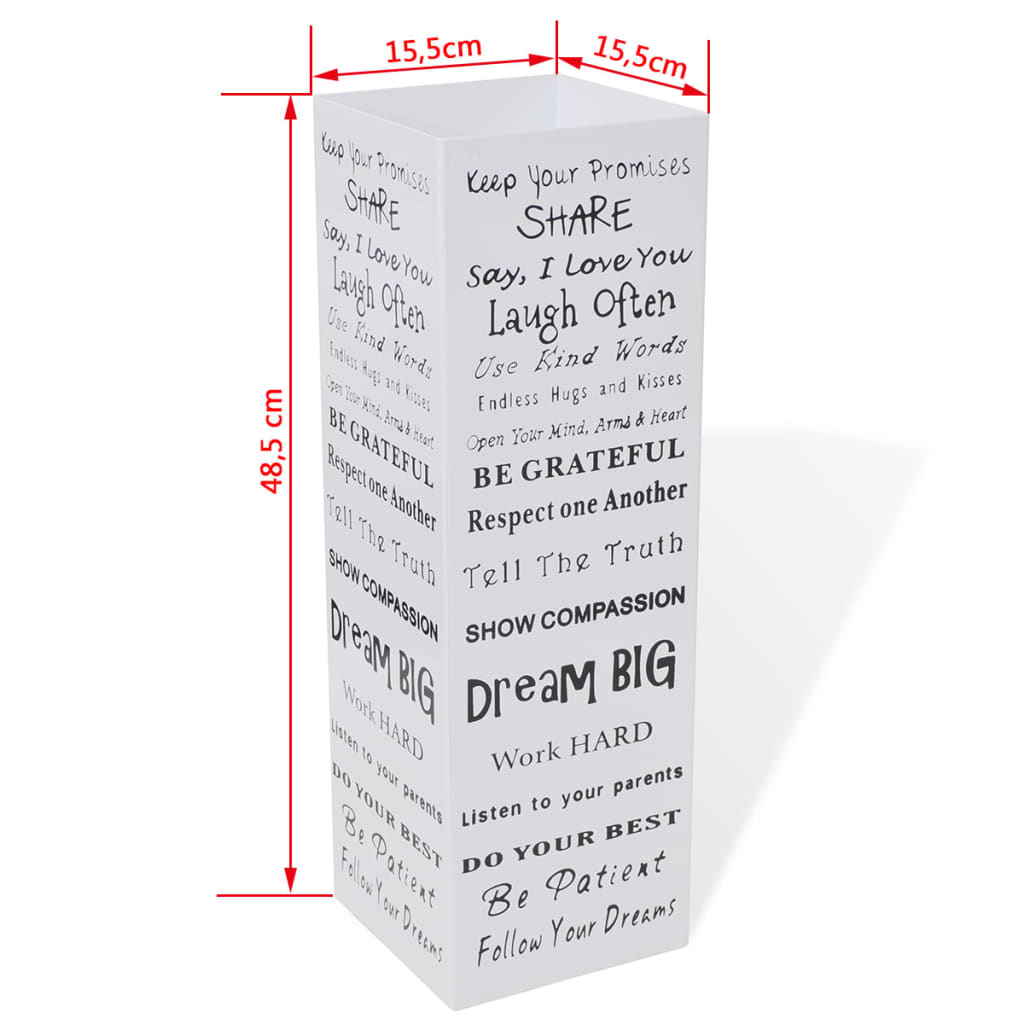 White square steel umbrella stand, 19.1 inches tall, with motivational text on sides.