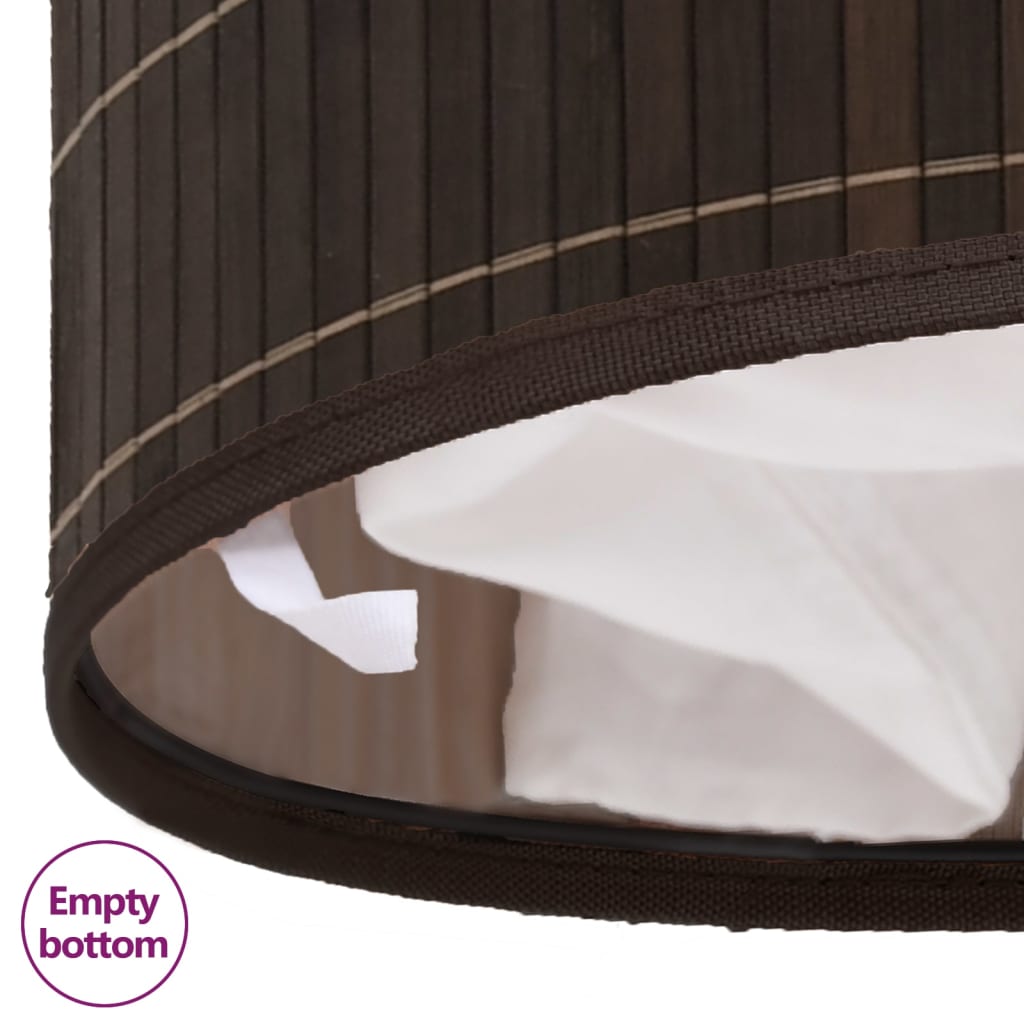 Dark brown round bamboo laundry hamper with removable liner and sturdy handles.