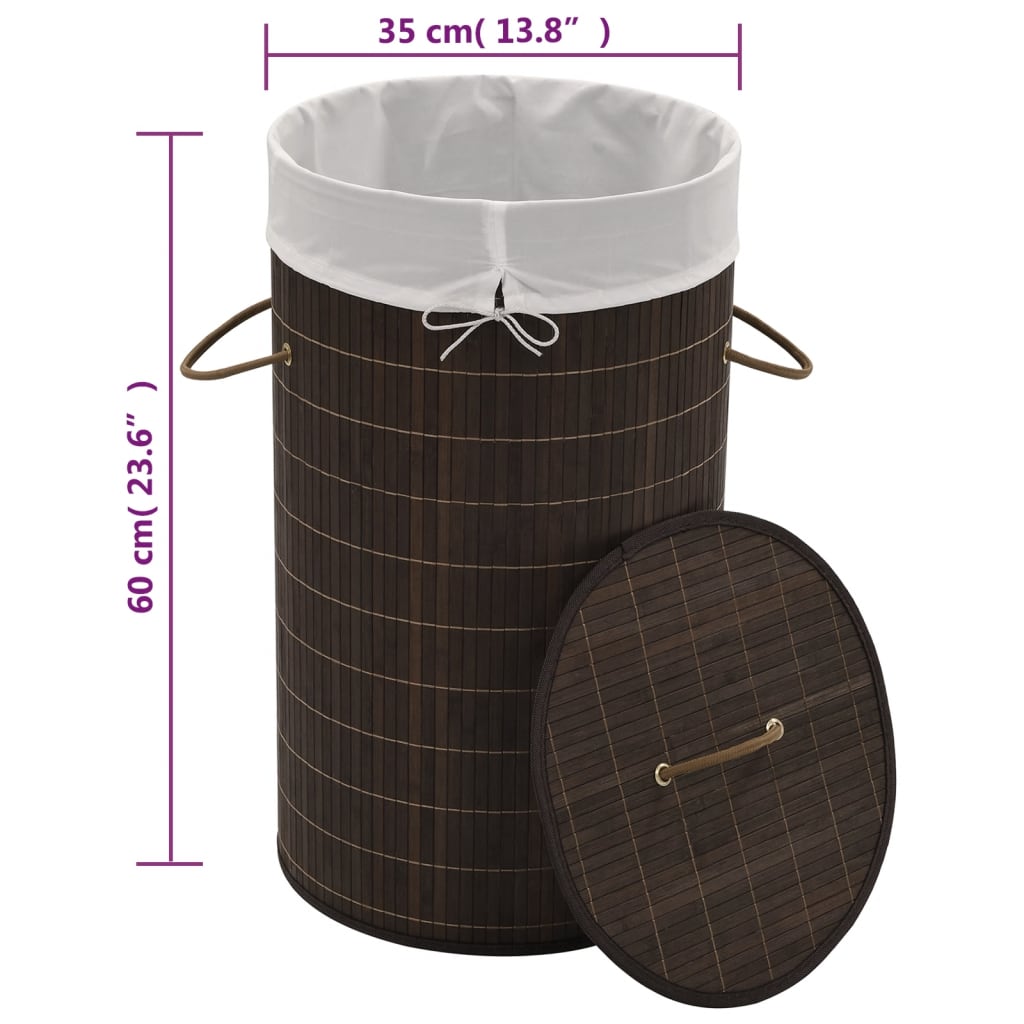 Dark brown round bamboo laundry hamper with removable liner and sturdy handles.