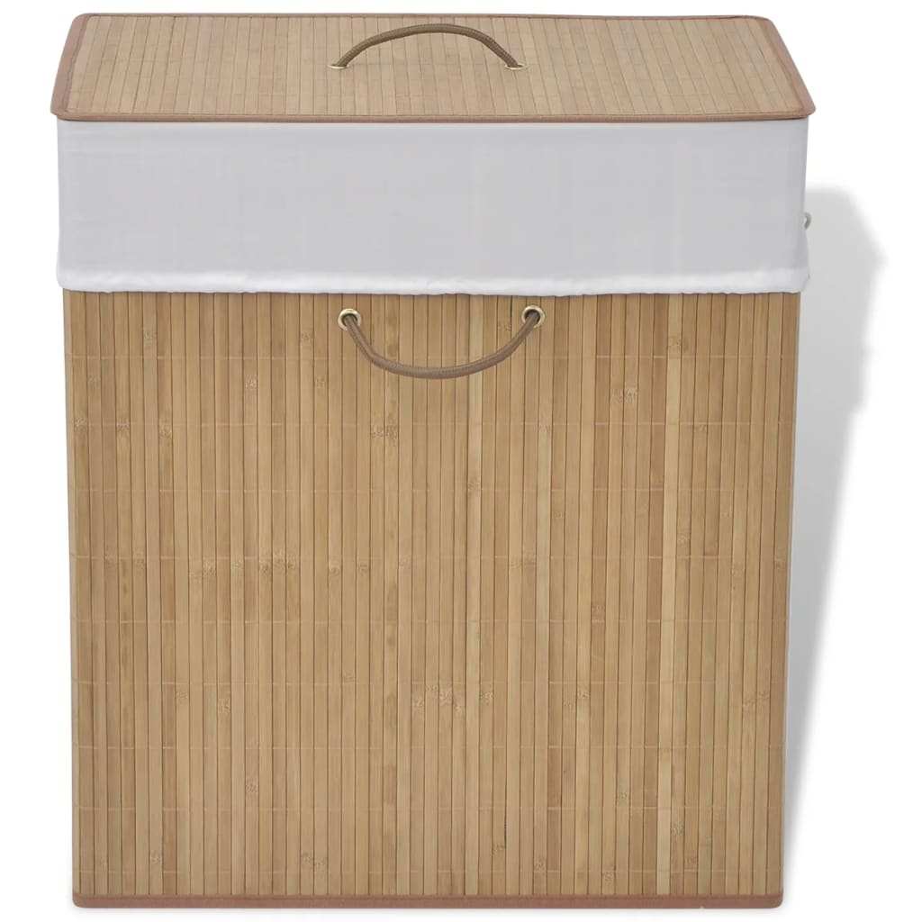 Rectangular bamboo laundry hamper with white removable liner and handles on lid and sides.