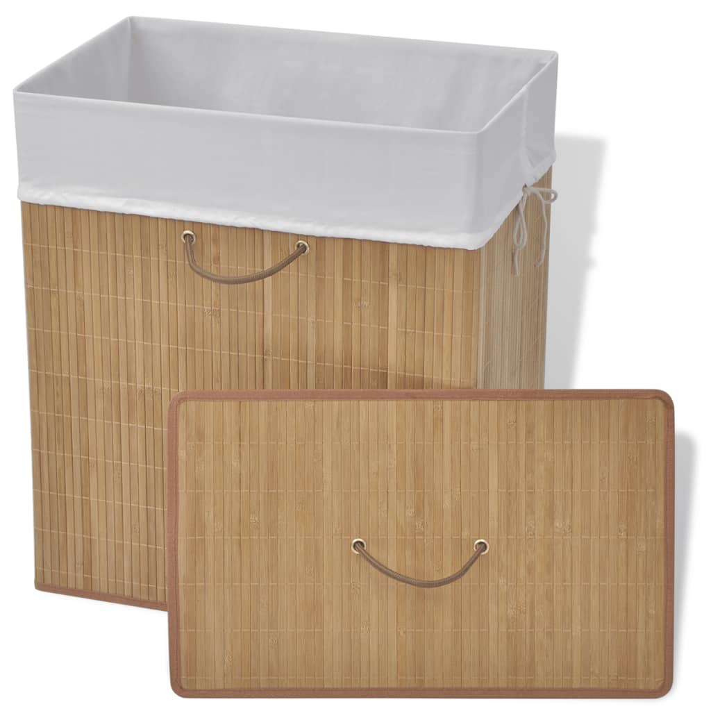 Rectangular natural bamboo laundry hamper with white liner and lid.