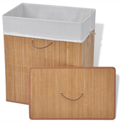 Rectangular natural bamboo laundry hamper with white liner and lid.
