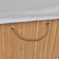 Rectangular bamboo laundry hamper with natural finish and rope handles on sides.
