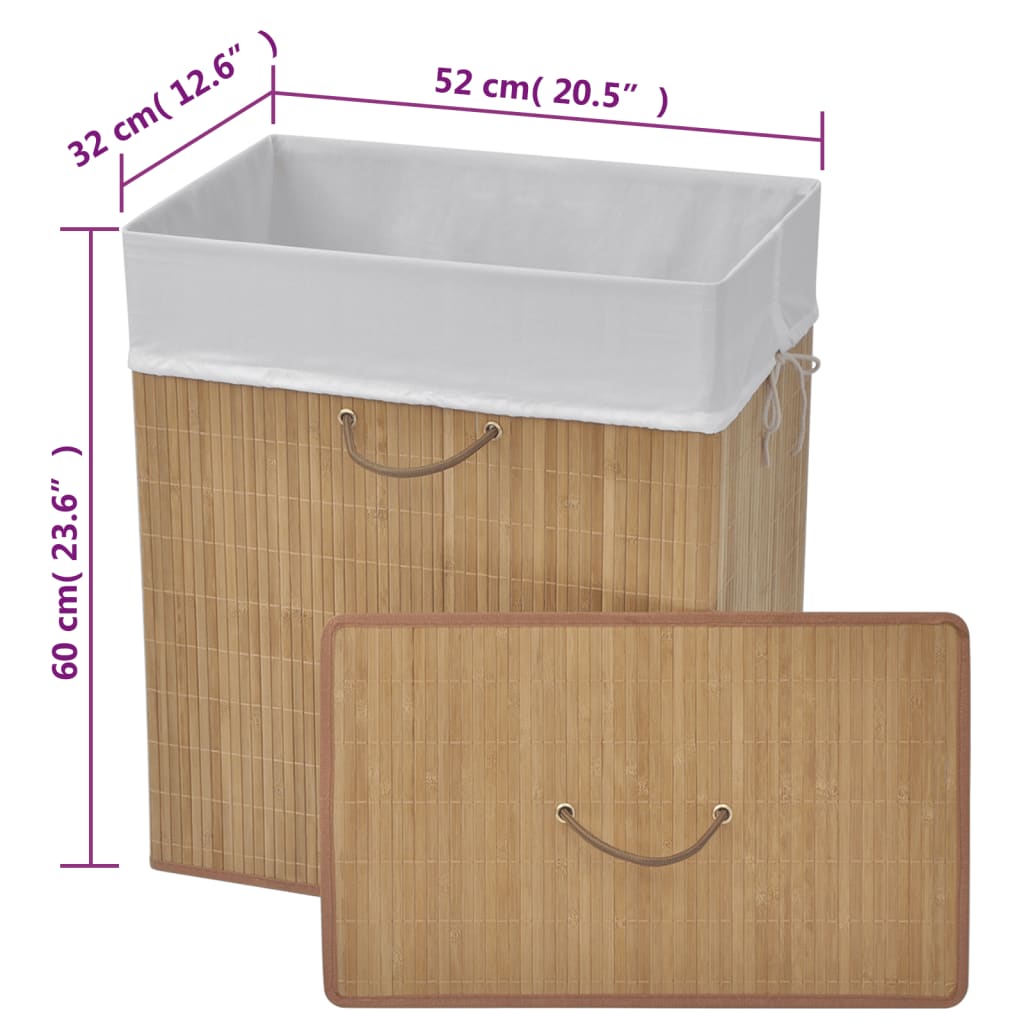 Rectangular natural bamboo laundry hamper with lid, liner, and dimensions shown.