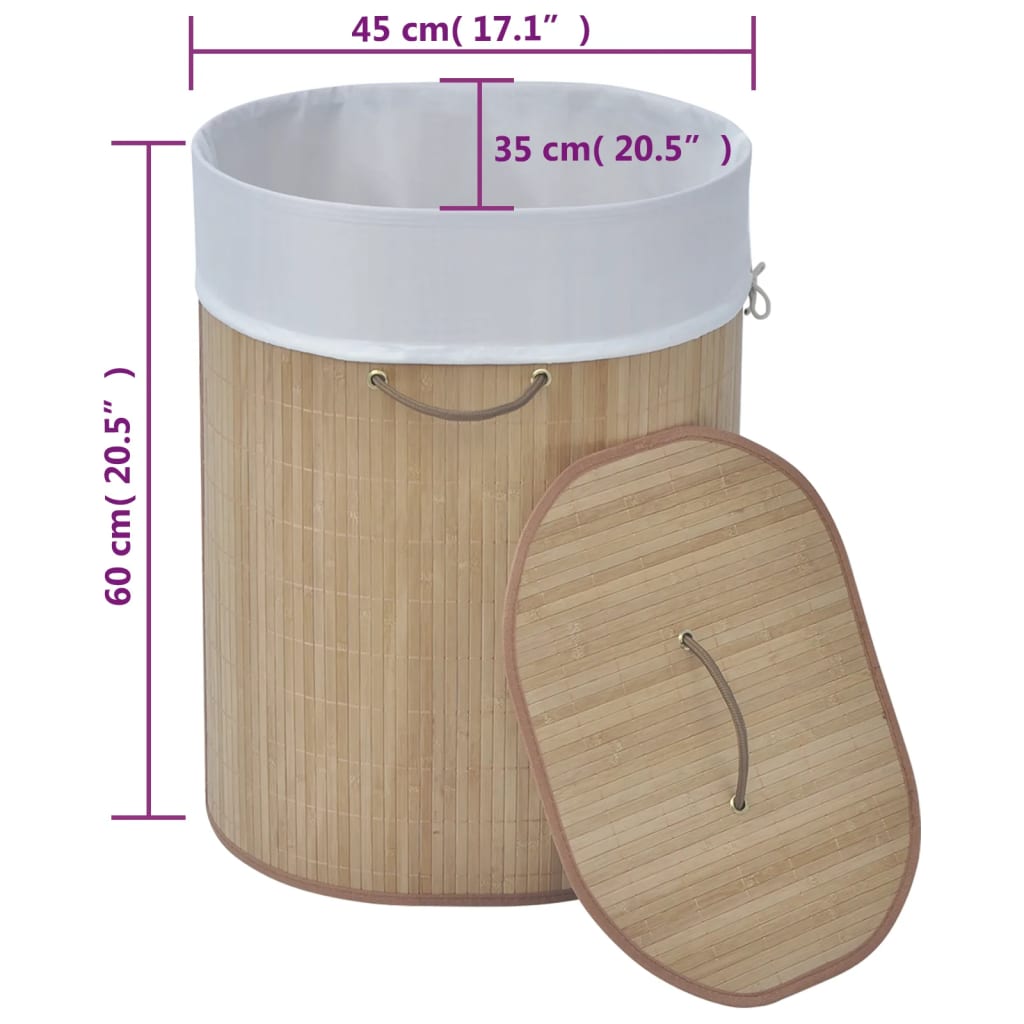 Oval natural bamboo laundry hamper with lid, white liner, and dimensions 60x45x35 cm.