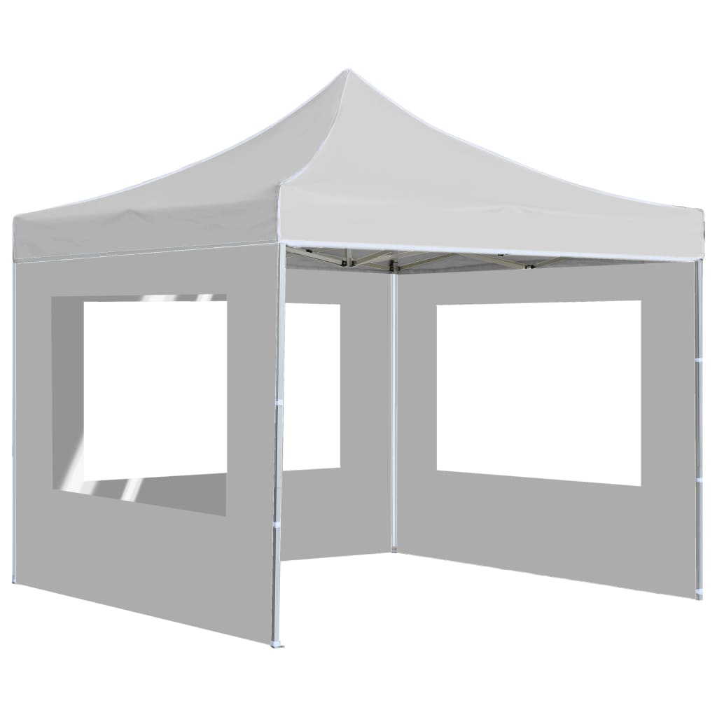 White 10x10 folding party tent with aluminum frame and enclosed walls.