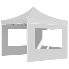 White 10x10 folding party tent with aluminum frame and side walls featuring clear windows.