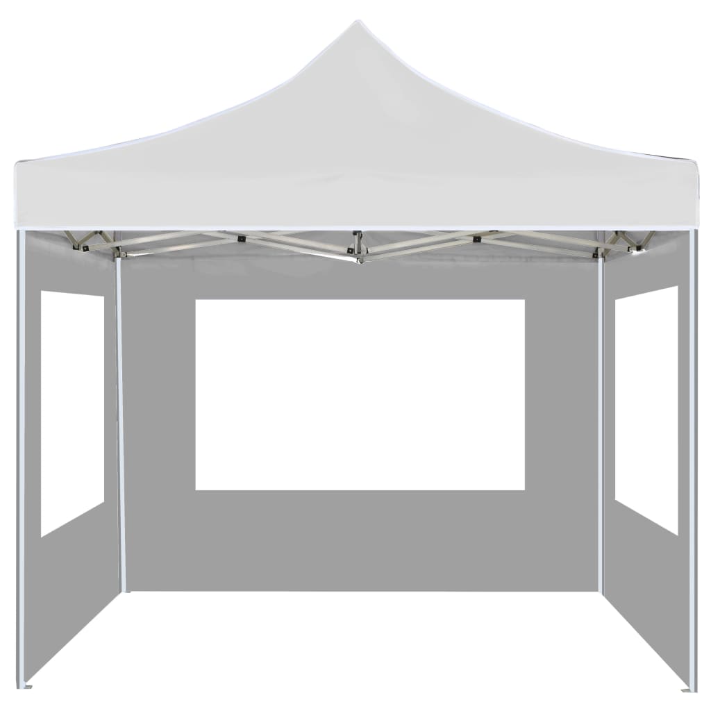 White 10x10 folding party tent with aluminum frame and enclosed walls featuring clear windows.