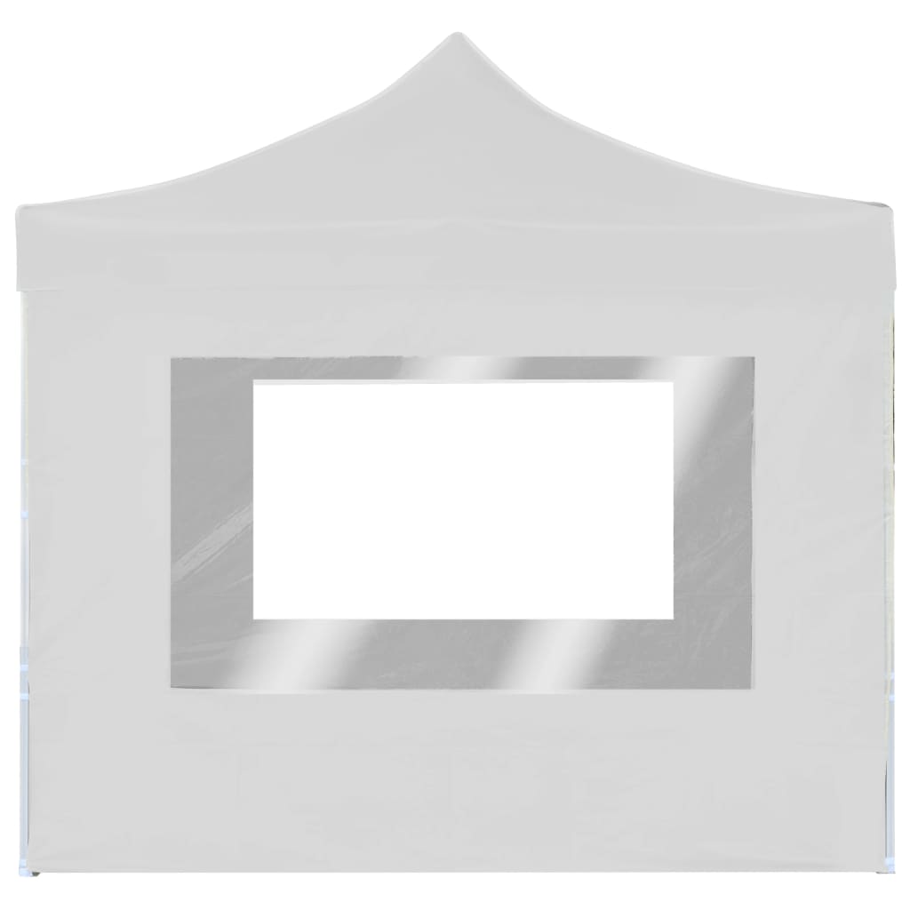 White 10x10 folding party tent with aluminum frame and clear window walls.