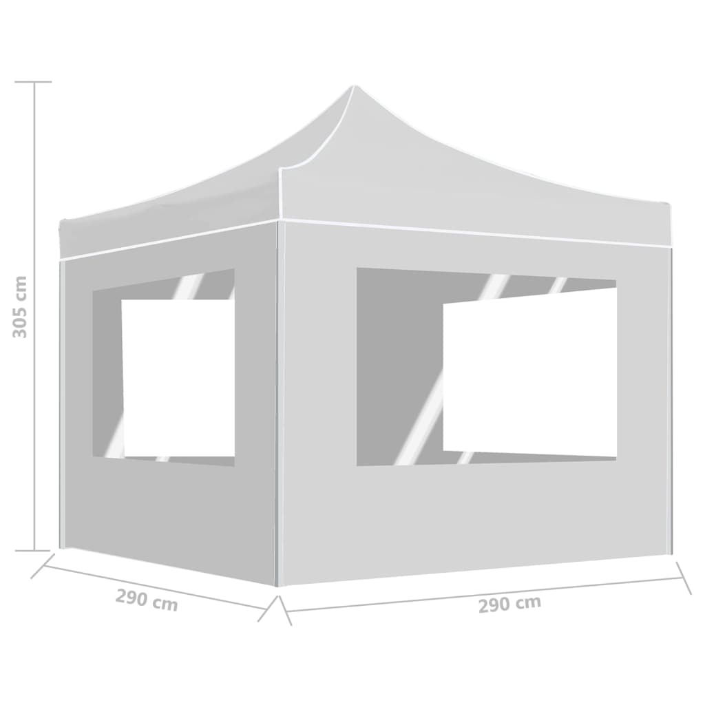 White 10x10 folding party tent with aluminum frame, walls, windows, and dimensions shown.