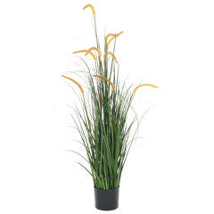 53.1-inch artificial grass plant with green blades, brown cattails, in black pot.
