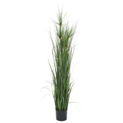 55.1-inch artificial grass plant in green with variegated fronds in a black pot.