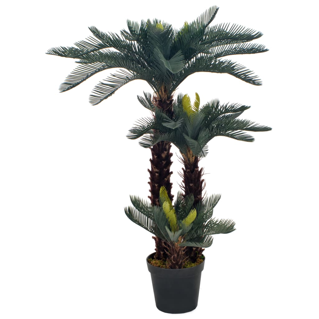 49.2-inch artificial green Cycas palm plant in a black pot.